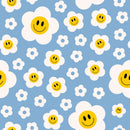 Retro Groovy Smiling Flowers Fabric - Blue - ineedfabric.com