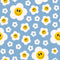 Retro Groovy Smiling Flowers Fabric - Blue - ineedfabric.com