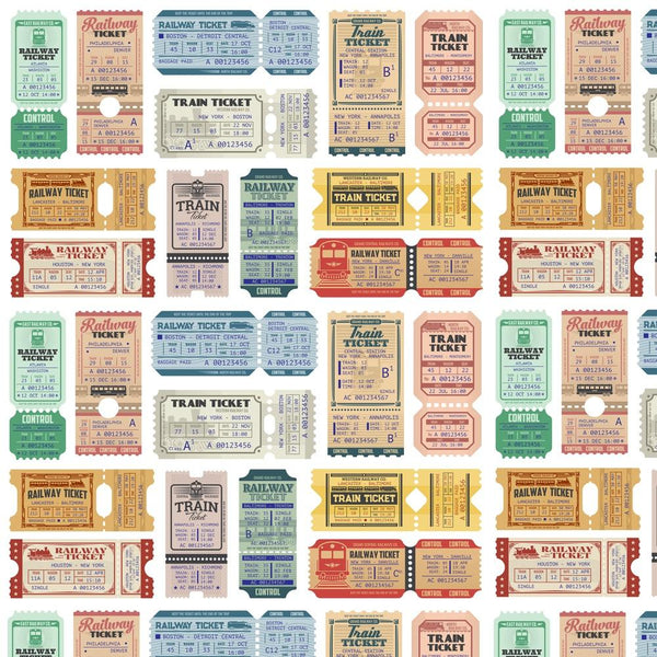 Retro Railway Tickets Fabric - White - ineedfabric.com