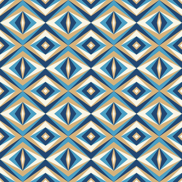 Retro Rhombus Shapes Fabric - Tan/Blue - ineedfabric.com
