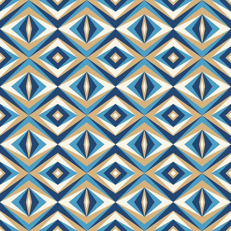 Retro Rhombus Shapes Fabric - Tan/Blue - ineedfabric.com