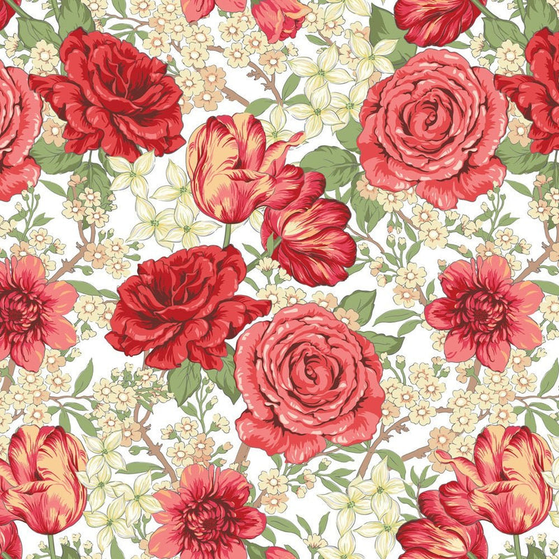 Retro Rose and Tulip Fabric - White - ineedfabric.com