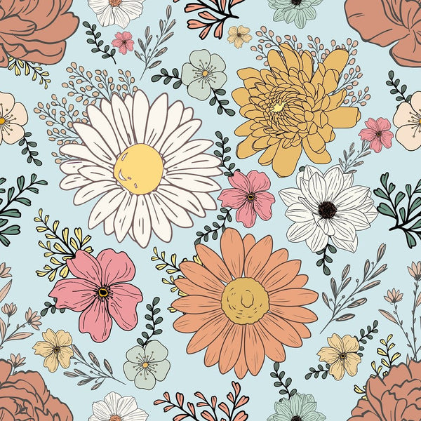 Retro Spring Floral Fabric - Blue - ineedfabric.com