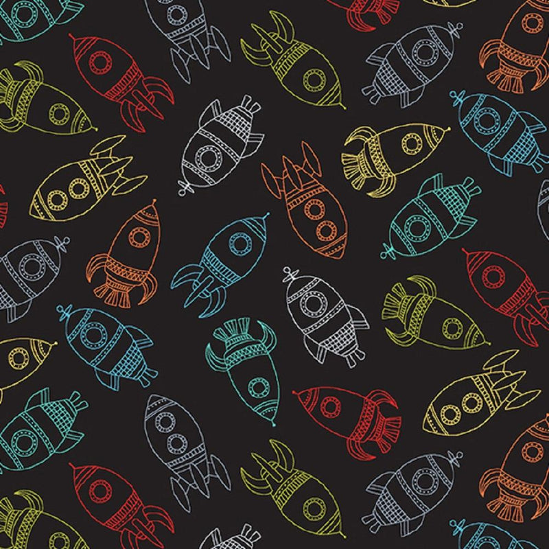 Rocket Ship Fabric - Black - ineedfabric.com