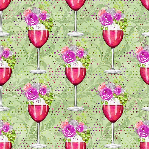 Rose and Wine Glasses and Flowers Fabric - Green - ineedfabric.com