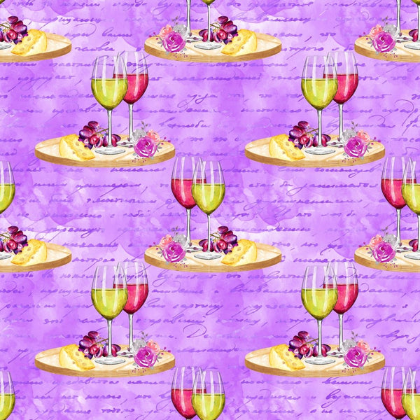 Rose and Wine Glasses on Text Fabric - Purple - ineedfabric.com