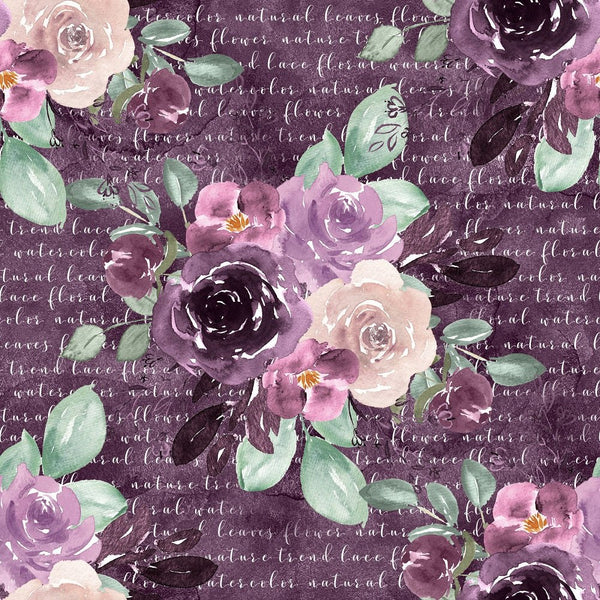 Sangria Dreams Flowers on Text Fabric - Purple - ineedfabric.com