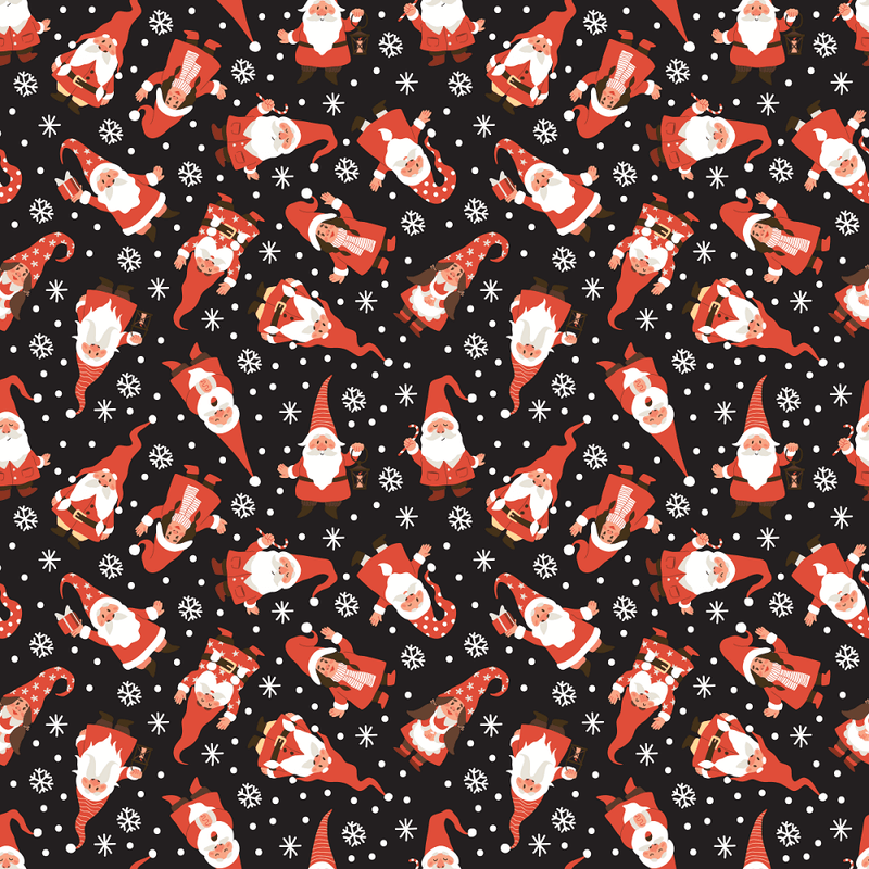 Scattered Santa Claus Gnomes Fabric - Black - ineedfabric.com