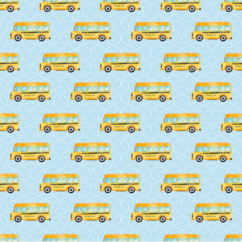 School Bus on Box Fabric - Blue - ineedfabric.com