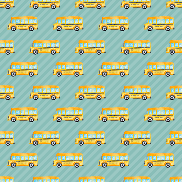 School Bus on Horizontal Striped Fabric - Teal - ineedfabric.com