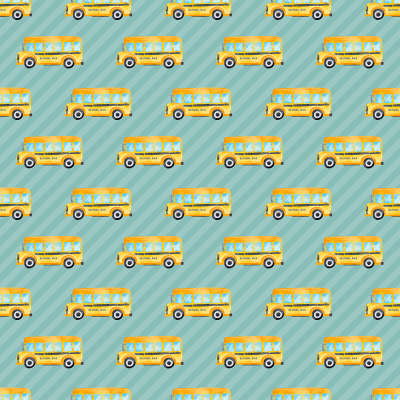 School Bus on Horizontal Striped Fabric - Teal - ineedfabric.com