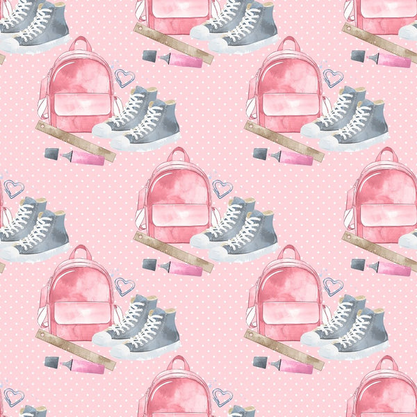 School Supply Bundle on Polka Dot Fabric - Pink - ineedfabric.com