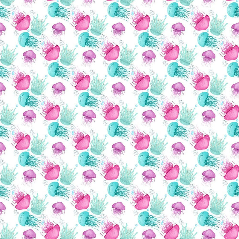 Sea Jellyfish Pink and Light Blue Fabric - White - ineedfabric.com