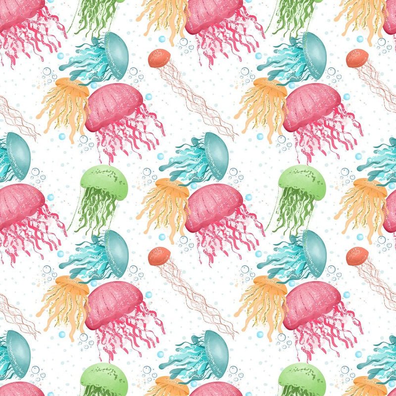 Sea Jellyfish Smack Fabric - White - ineedfabric.com