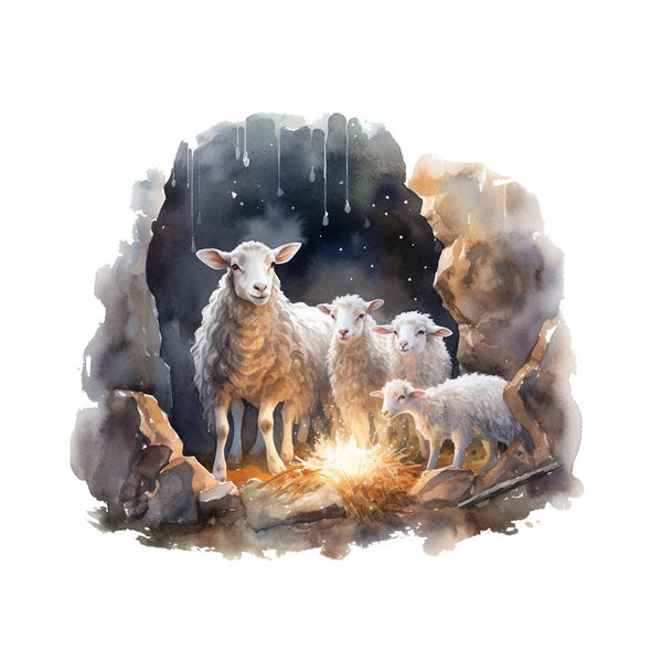 Sheep & Lamb in Cave Fabric Panel - ineedfabric.com