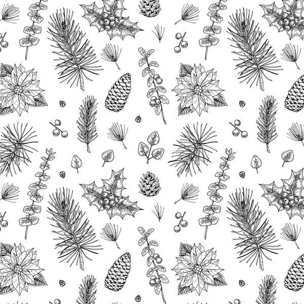 Sketched Christmas Plants Fabric - White - ineedfabric.com