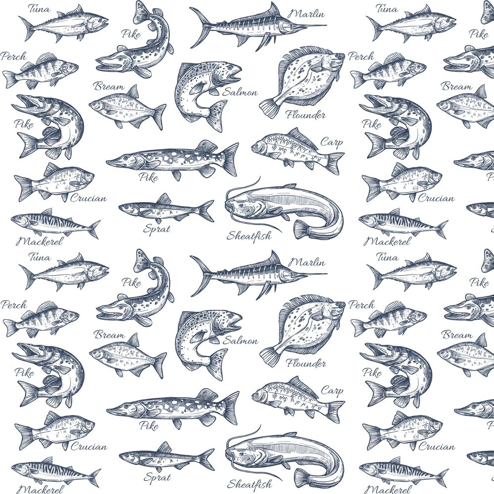Sketched Fresh Salt Water Fish Fabric, Size: One Size