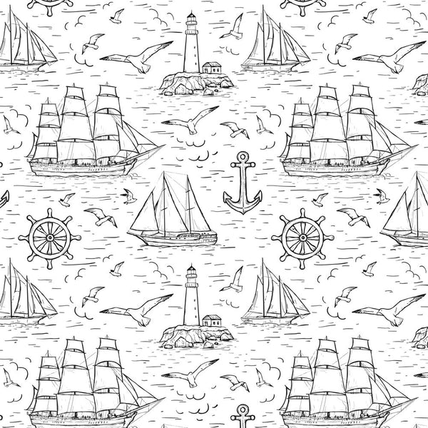 Sketched Marine Scene Fabric - ineedfabric.com