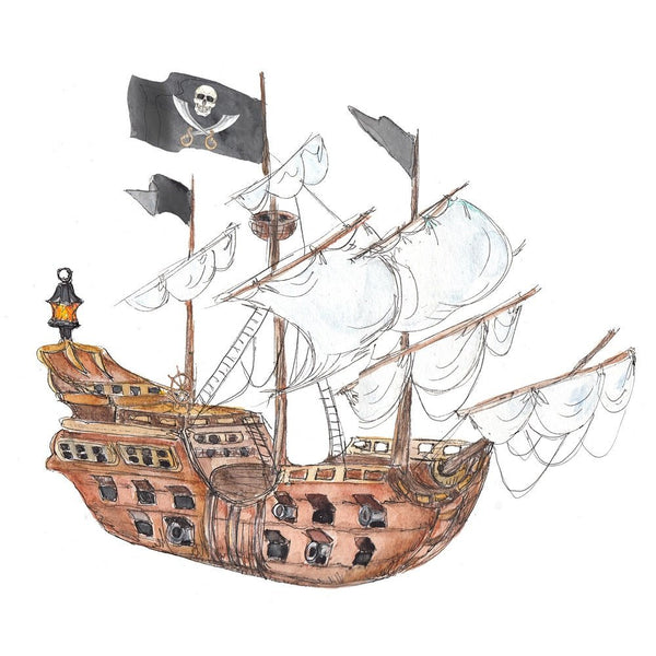Sketched Pirate Ship Fabric Panel - Version 1 - ineedfabric.com