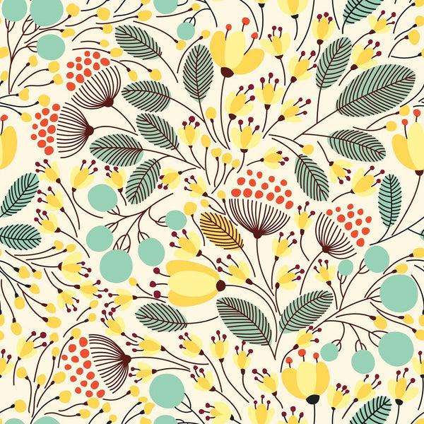 Sketched Yellow, Blue, and Red Flowers Fabric - Yellow - ineedfabric.com