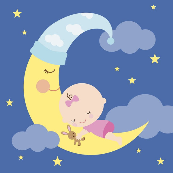 Sleeping Baby Girl On The Moon Fabric Panel - ineedfabric.com