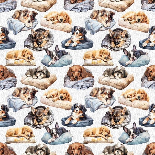 Sleeping Pups In Doggy Beds Fabric - ineedfabric.com