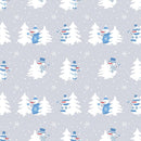 Snowmen in Blue Sweaters with Trees Fabric - ineedfabric.com