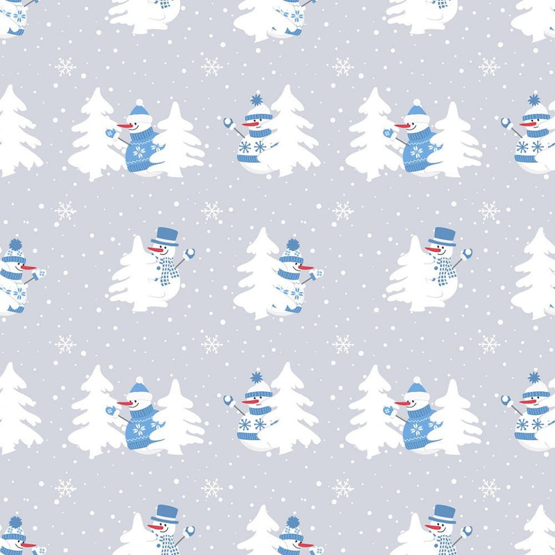 Snowmen in Blue Sweaters with Trees Fabric - ineedfabric.com