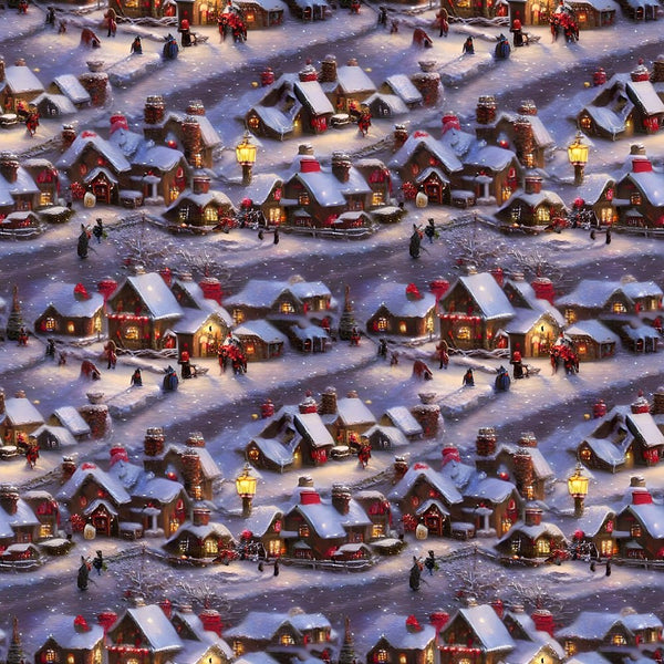 Snowy Christmas Night Village Fabric - ineedfabric.com