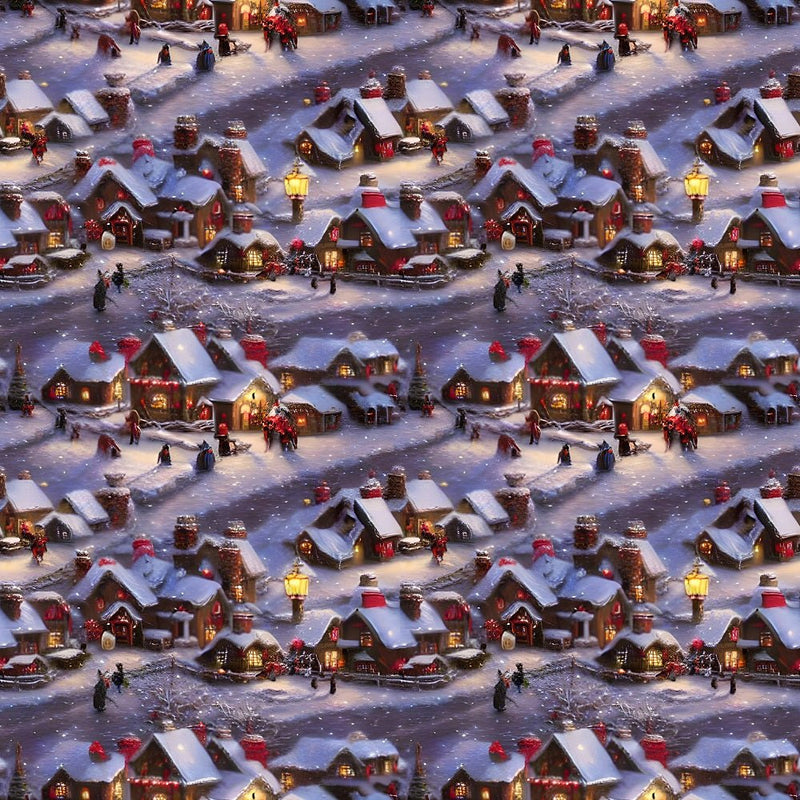 Snowy Christmas Night Village Fabric - ineedfabric.com