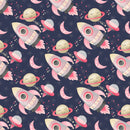 Space Girls Rocket Ships Fabric - Navy - ineedfabric.com