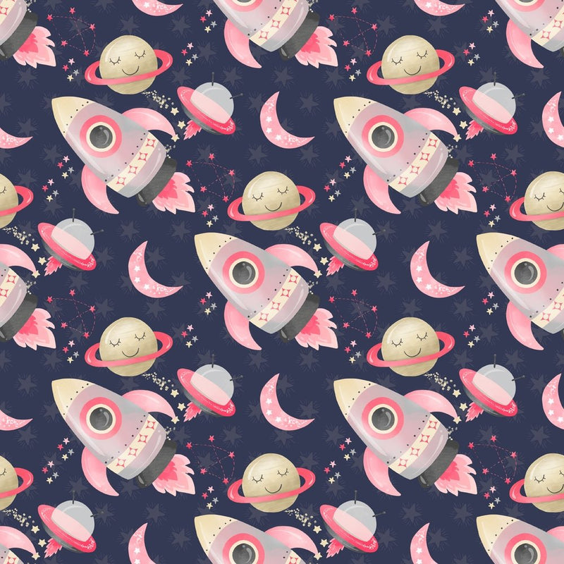 Space Girls Rocket Ships Fabric - Navy - ineedfabric.com