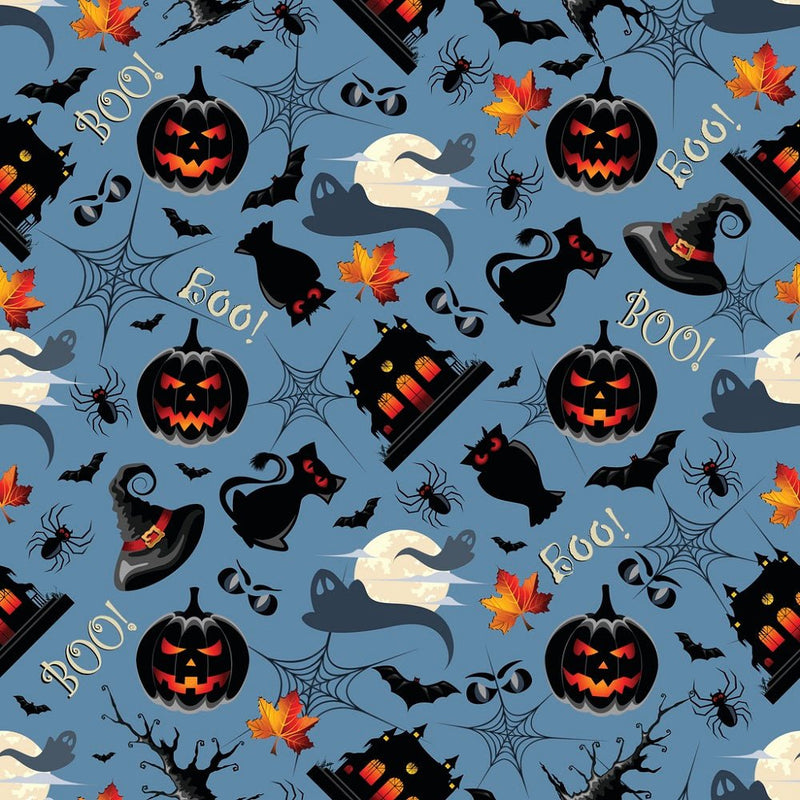 Spooky Halloween Icons Fabric - Blue - ineedfabric.com
