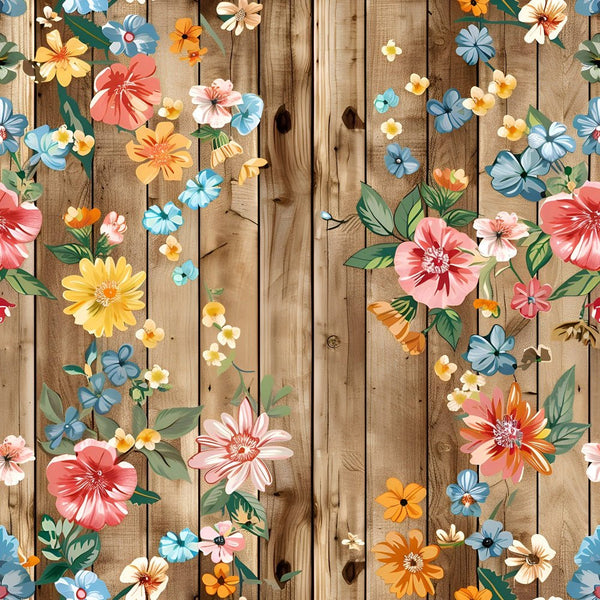 Spring Floral on Wood Planks Pattern 5 Fabric - ineedfabric.com