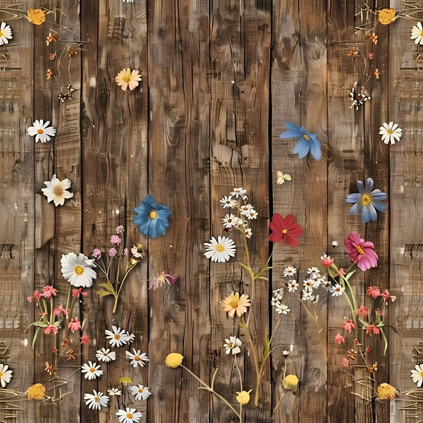 Spring Floral on Wood Planks Pattern 6 Fabric - ineedfabric.com