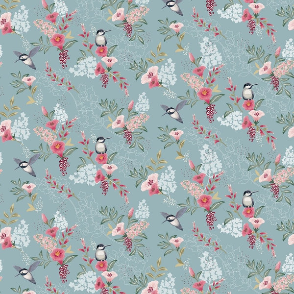 Spring Flowers & Birds Fabric - Light Blue - ineedfabric.com