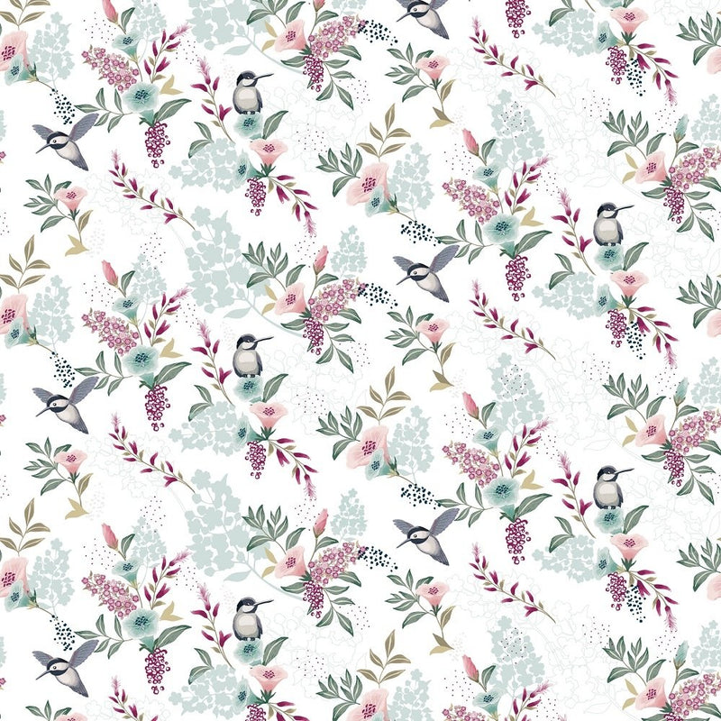 Spring Flowers & Birds Fabric - White - ineedfabric.com