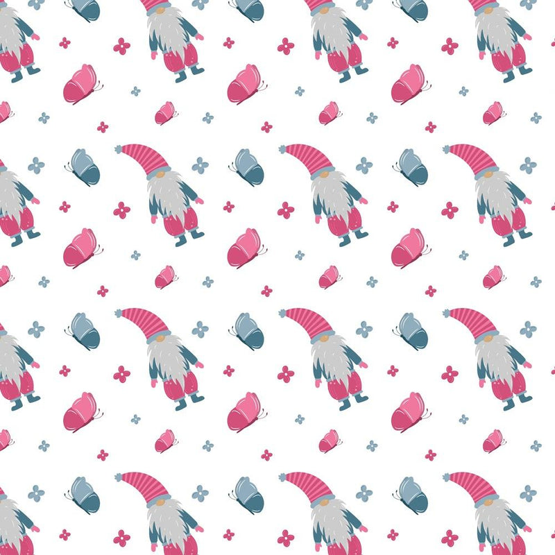 Spring Gnomes & Butterflies Fabric - White - ineedfabric.com