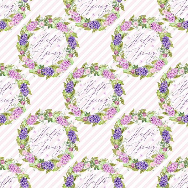 Spring Lilac Wreath & Stripes Fabric - White - ineedfabric.com