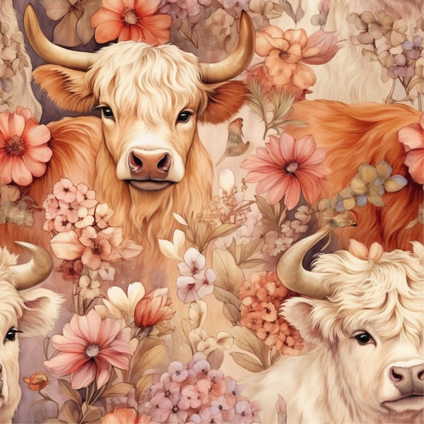 Springtime Highland Cows Pattern 11 Fabric - ineedfabric.com