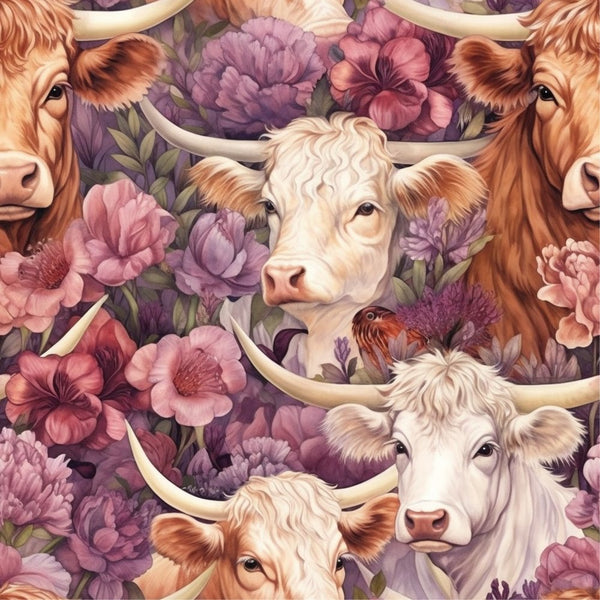 Springtime Highland Cows Pattern 14 Fabric - ineedfabric.com
