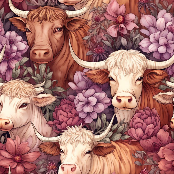 Springtime Highland Cows Pattern 16 Fabric - ineedfabric.com