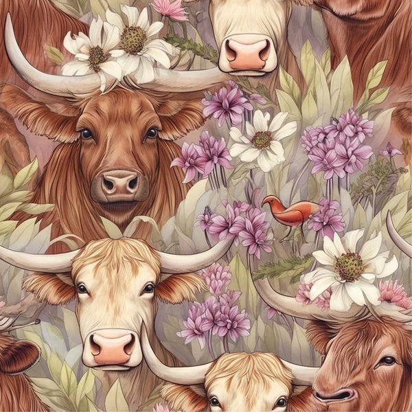 Springtime Highland Cows Pattern 18 Fabric - ineedfabric.com