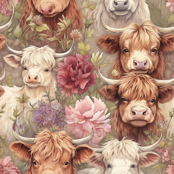 Springtime Highland Cows Pattern 2 Fabric - ineedfabric.com