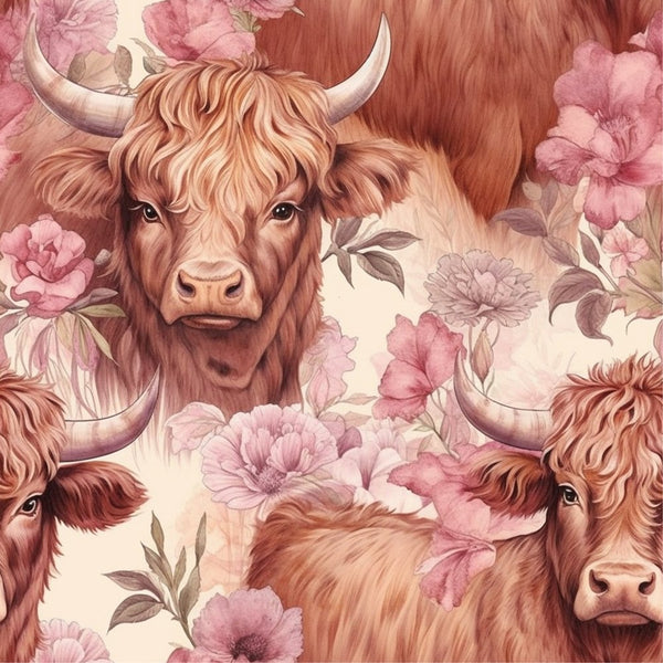 Springtime Highland Cows Pattern 5 Fabric - ineedfabric.com