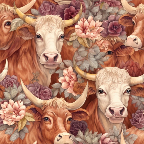 Springtime Highland Cows Pattern 8 Fabric - ineedfabric.com