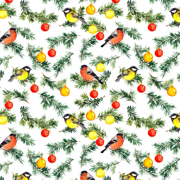 Spruce Tree & Birds Fabric - White - ineedfabric.com