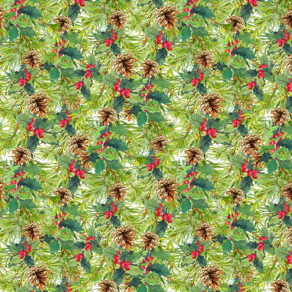 Spruce Tree, Pinecones, and Berries Fabric - ineedfabric.com