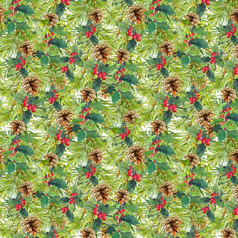 Spruce Tree, Pinecones, and Berries Fabric - ineedfabric.com