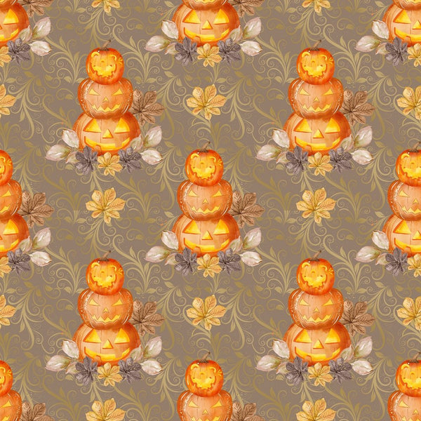 Stacked Jack-O-Lanterns on Vines Fabric - Brown - ineedfabric.com